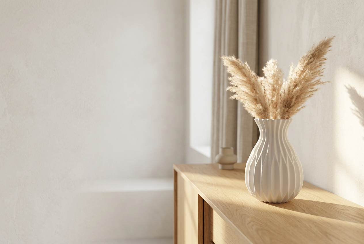 Vase nordique effet céramique avec pampa dans un intérieur épuré
